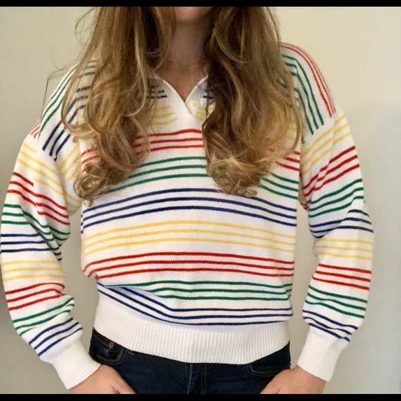 Vintage Sweaters - Vintage Stripe Polo Knit Sweater women’s 80s Prep
